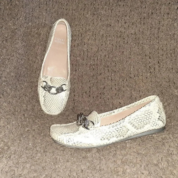 STUART WEITZMAN-Beige/Silver Snakeskin Leather Driving Loafers-Sz 6.5M-Excellent - Picture 1 of 7
